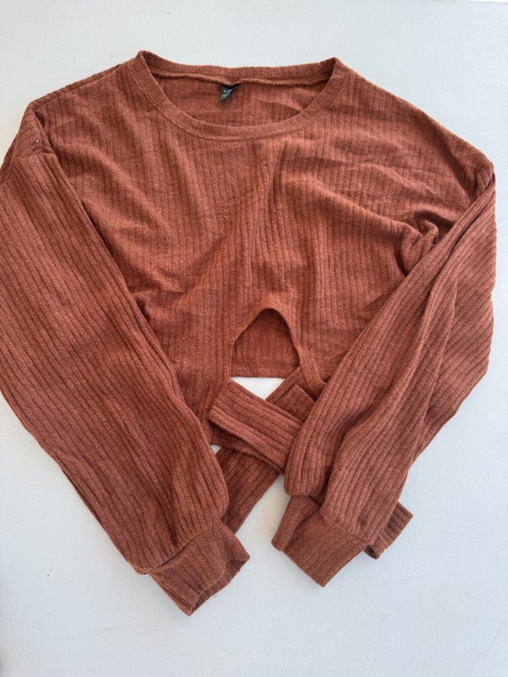 SHEIN Rust Brown Ribbed Long Sleeve Knit Top Size M